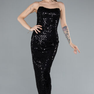 Siyah Straplez Boncuklu Midi Davet Elbisesi ABK2260