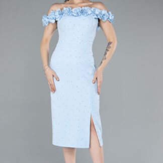 Buz Mavisi Çiçekli Kayık Yaka Midi Davet Elbisesi ABK2248