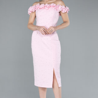 Pudra Çiçekli Kayık Yaka Boncuklu Midi Davet Elbisesi ABK2248