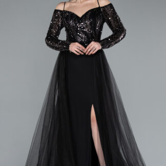 Siyah Taşlı Uzun Kol Yırtmaçlı Balık Abiye Elbise ABU4501