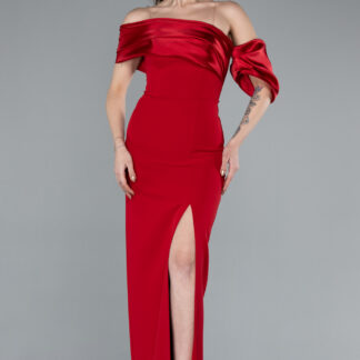Kırmızı Bacak Dekolteli Uzun Abiye Elbise ABU4024