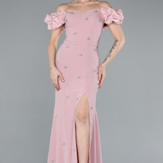 Pudra Kayık Yaka Yırtmaçlı Taş Detay Uzun Abiye ABU4696