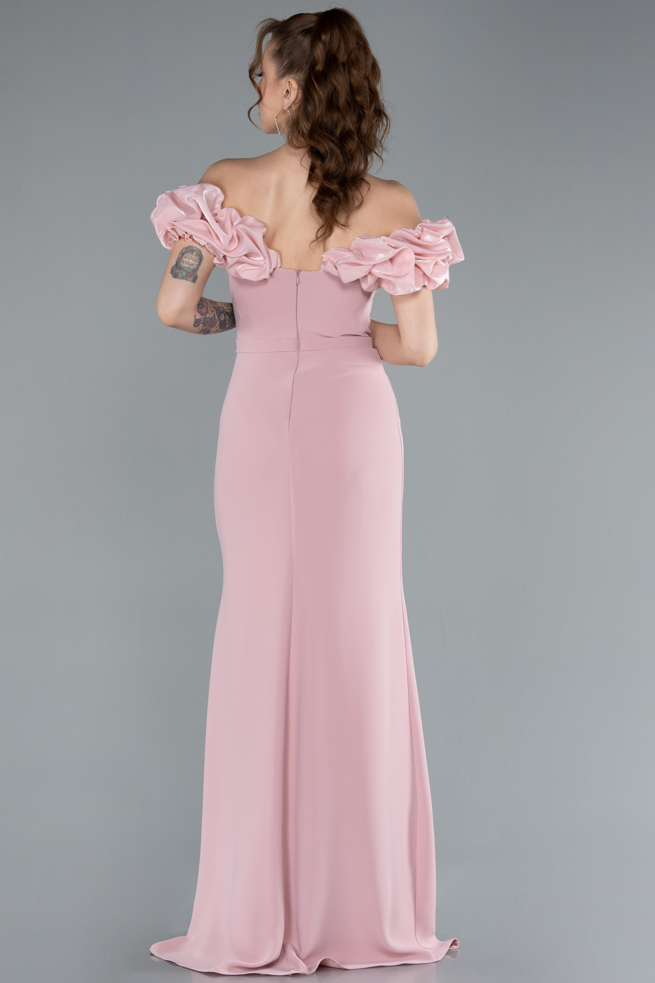 Pudra Kayık Yaka Yırtmaçlı Taş Detay Uzun Abiye ABU4696 - Görsel 2