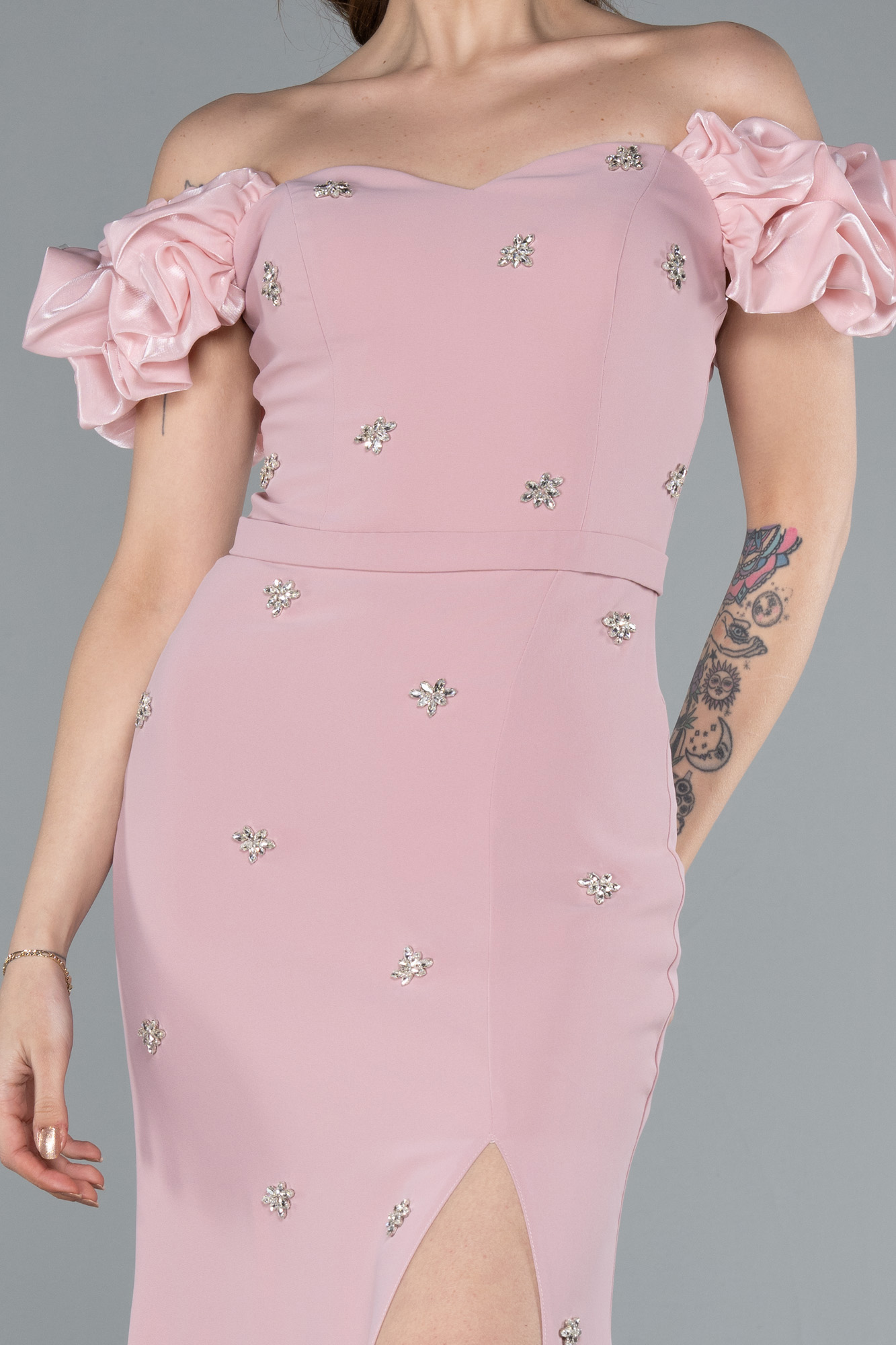 Pudra Kayık Yaka Yırtmaçlı Taş Detay Uzun Abiye ABU4696 - Görsel 3