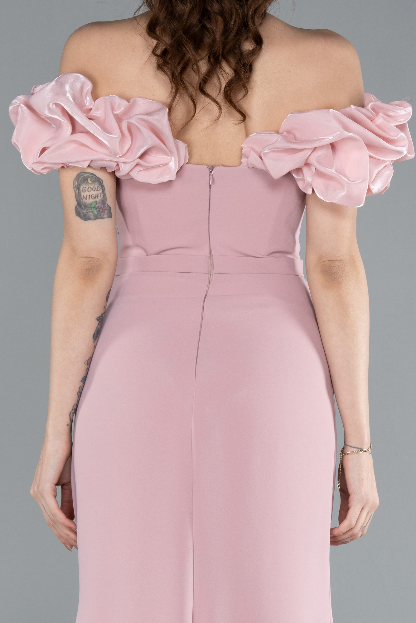 Pudra Kayık Yaka Yırtmaçlı Taş Detay Uzun Abiye ABU4696 - Görsel 4