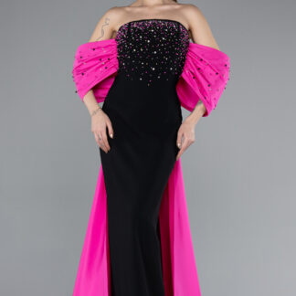 Fuşya-Siyah Boncuklu Straplez Yaka Kuyruklu Uzun Abiye ABU4701