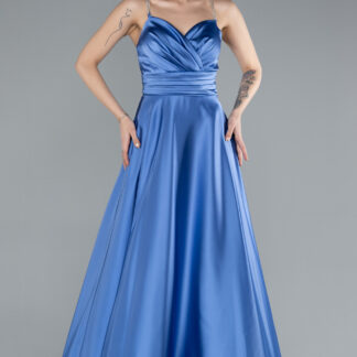 İndigo Askılı Uzun Saten Mezuniyet Elbisesi ABU4702