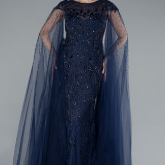 Lacivert Taş İşleme Pelerinli Uzun Özel Tasarım Abiye ABU4707