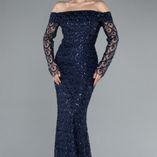 Lacivert Kayık Yaka Uzun Kol Boncuklu Özel Tasarım Abiye ABU4710