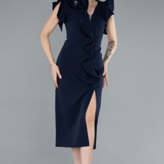 Lacivert Volan Detaylı Yırtmaçlı Midi Davet Elbisesi ABK2277