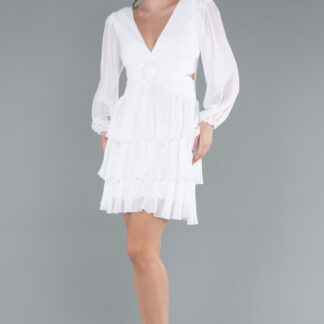 Ekru Uzun Kol V Yaka Kısa Şifon Mezuniyet Elbisesi ABK2281