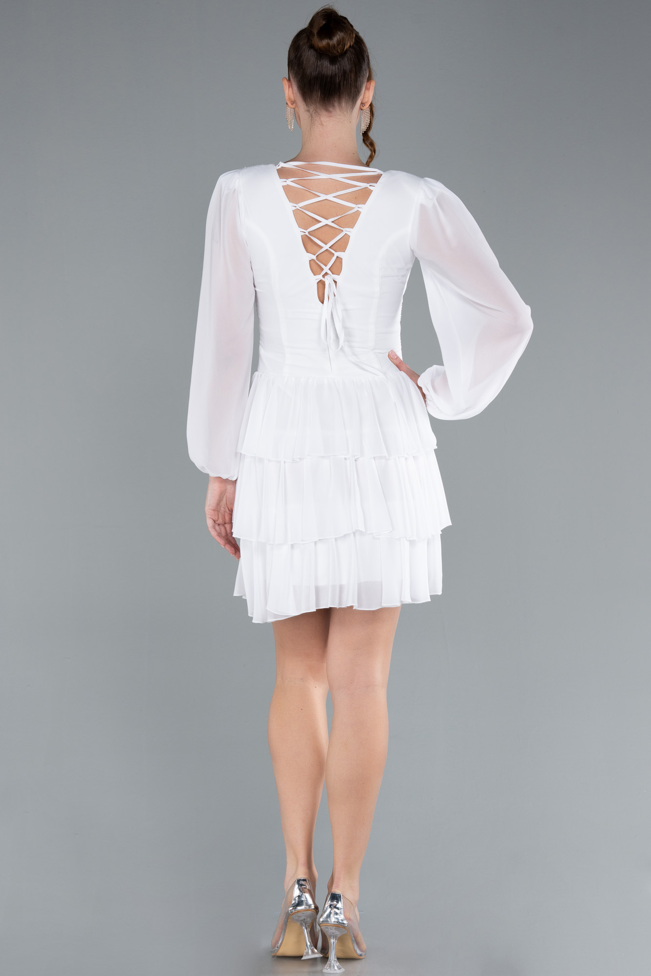 Ekru Uzun Kol V Yaka Kısa Şifon Mezuniyet Elbisesi ABK2281 - Görsel 2