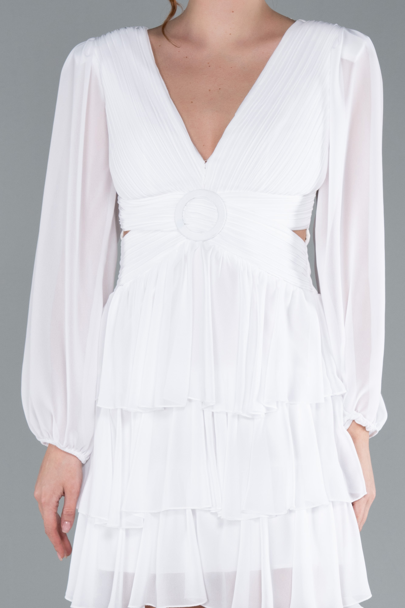 Ekru Uzun Kol V Yaka Kısa Şifon Mezuniyet Elbisesi ABK2281 - Görsel 3