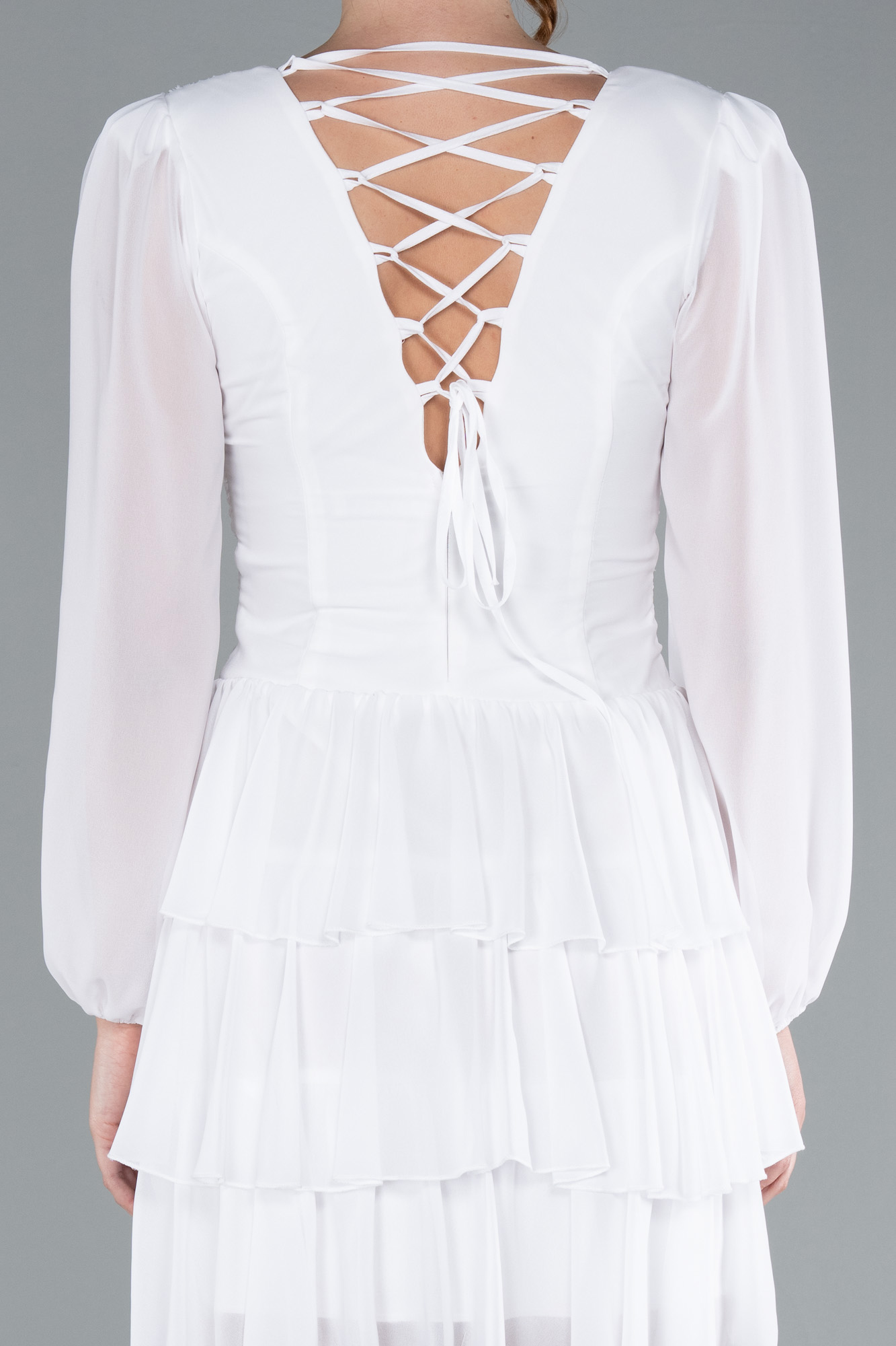 Ekru Uzun Kol V Yaka Kısa Şifon Mezuniyet Elbisesi ABK2281 - Görsel 4