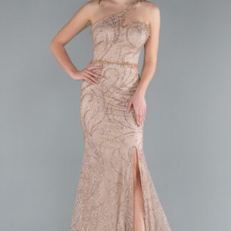 Vizon Tek Omuz Bacak Dekolteli Uzun Simli Abiye ABU4697