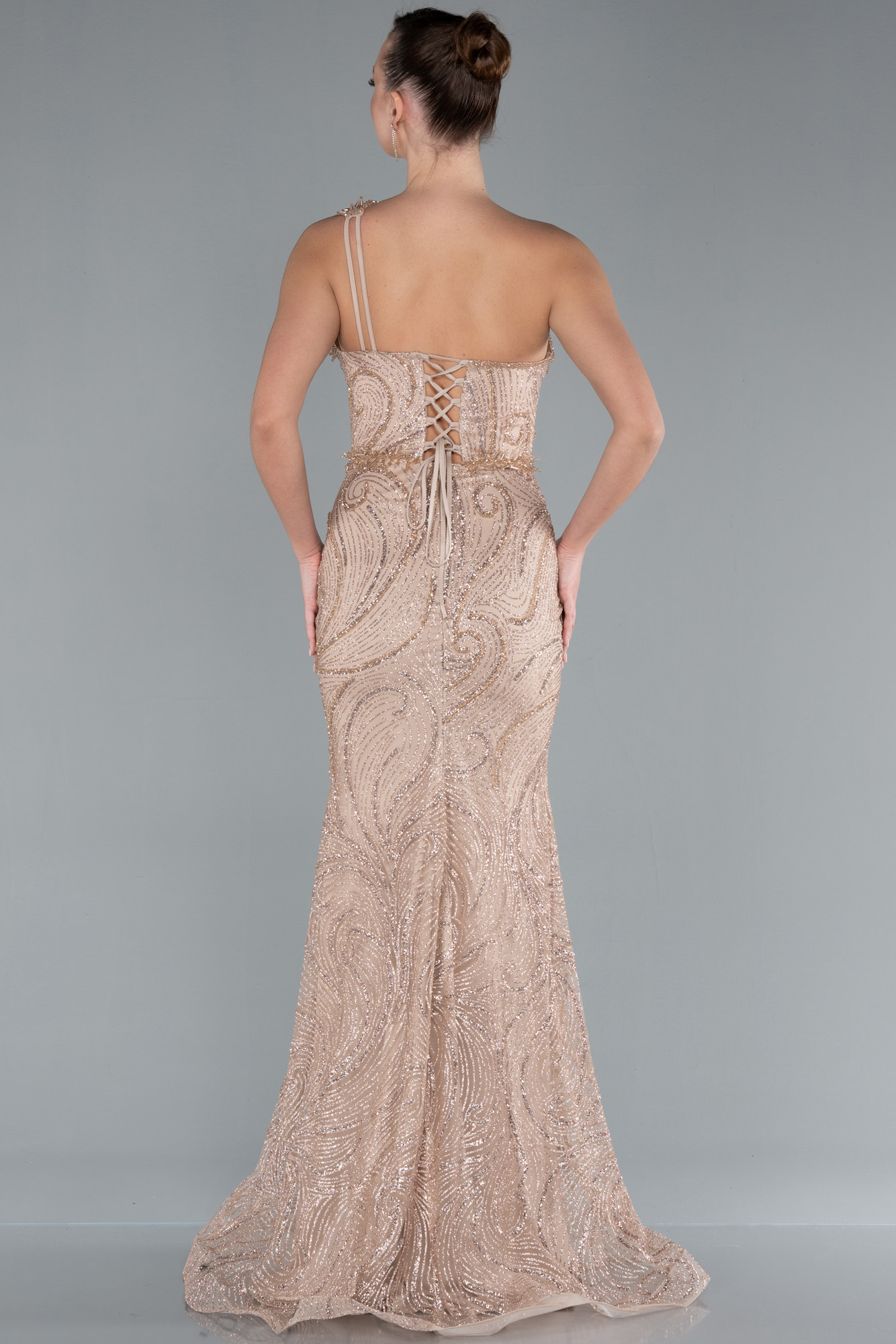 Vizon Tek Omuz Bacak Dekolteli Uzun Simli Abiye ABU4697 - Görsel 2