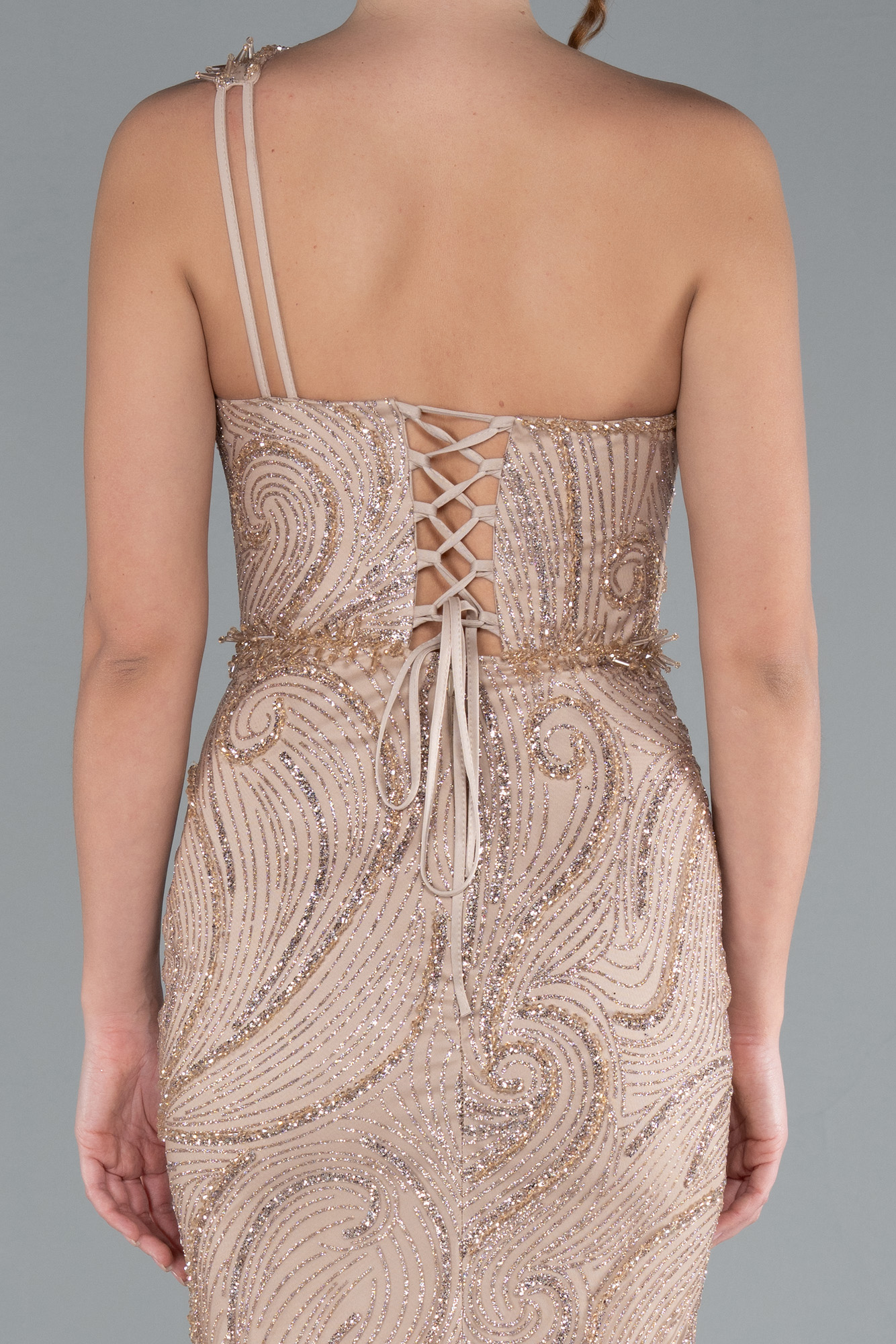 Vizon Tek Omuz Bacak Dekolteli Uzun Simli Abiye ABU4697 - Görsel 4