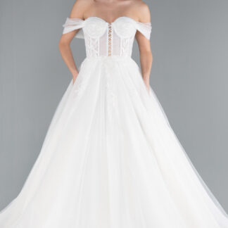 Ekru Kayık Yaka İşlemeli Balenli Uzun Büyük Beden Gelinlik ABG123