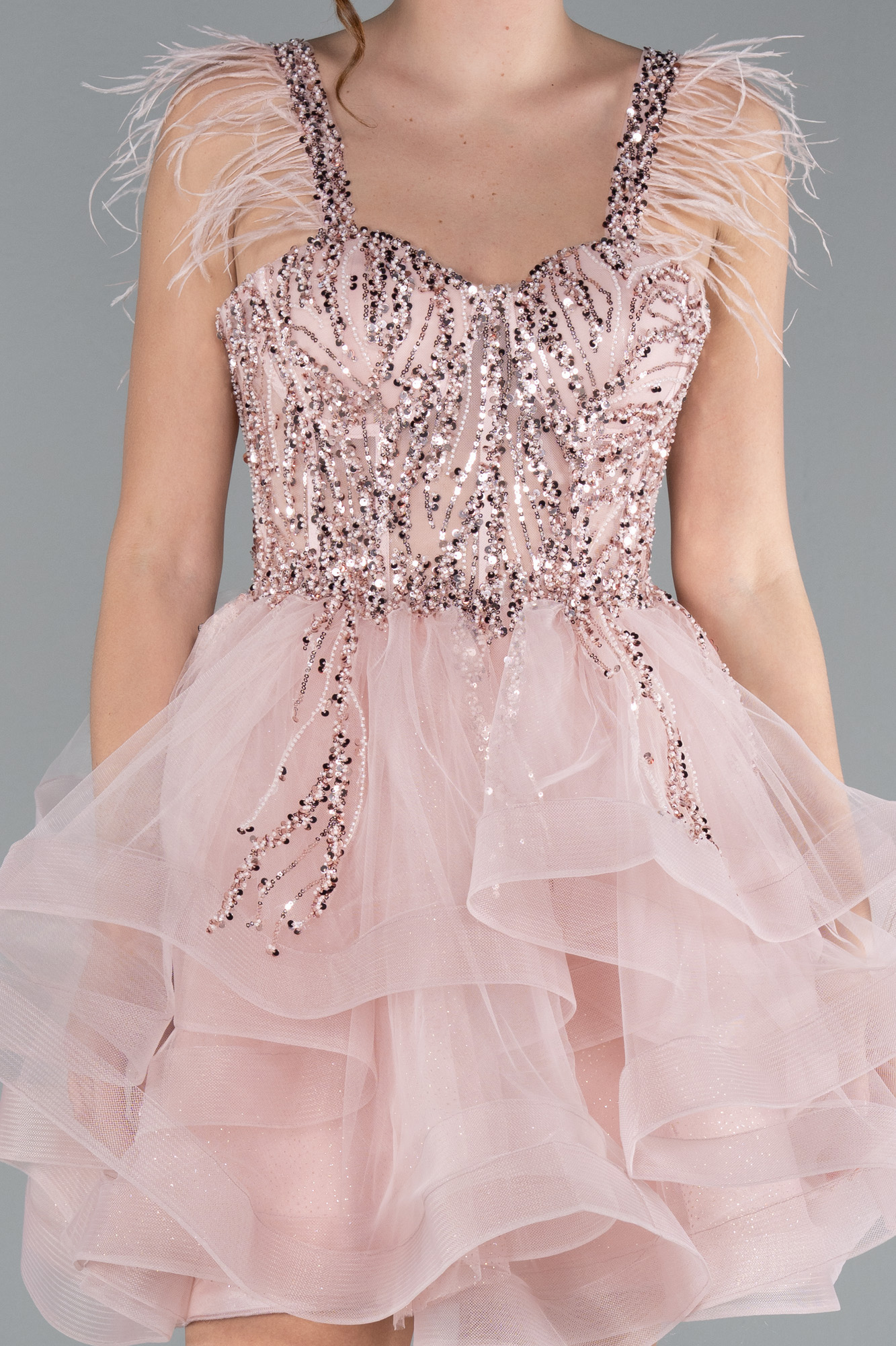 Pudra Üstü İşlemeli Balenli Kısa Nişan Elbisesi ABK2079 - Görsel 4