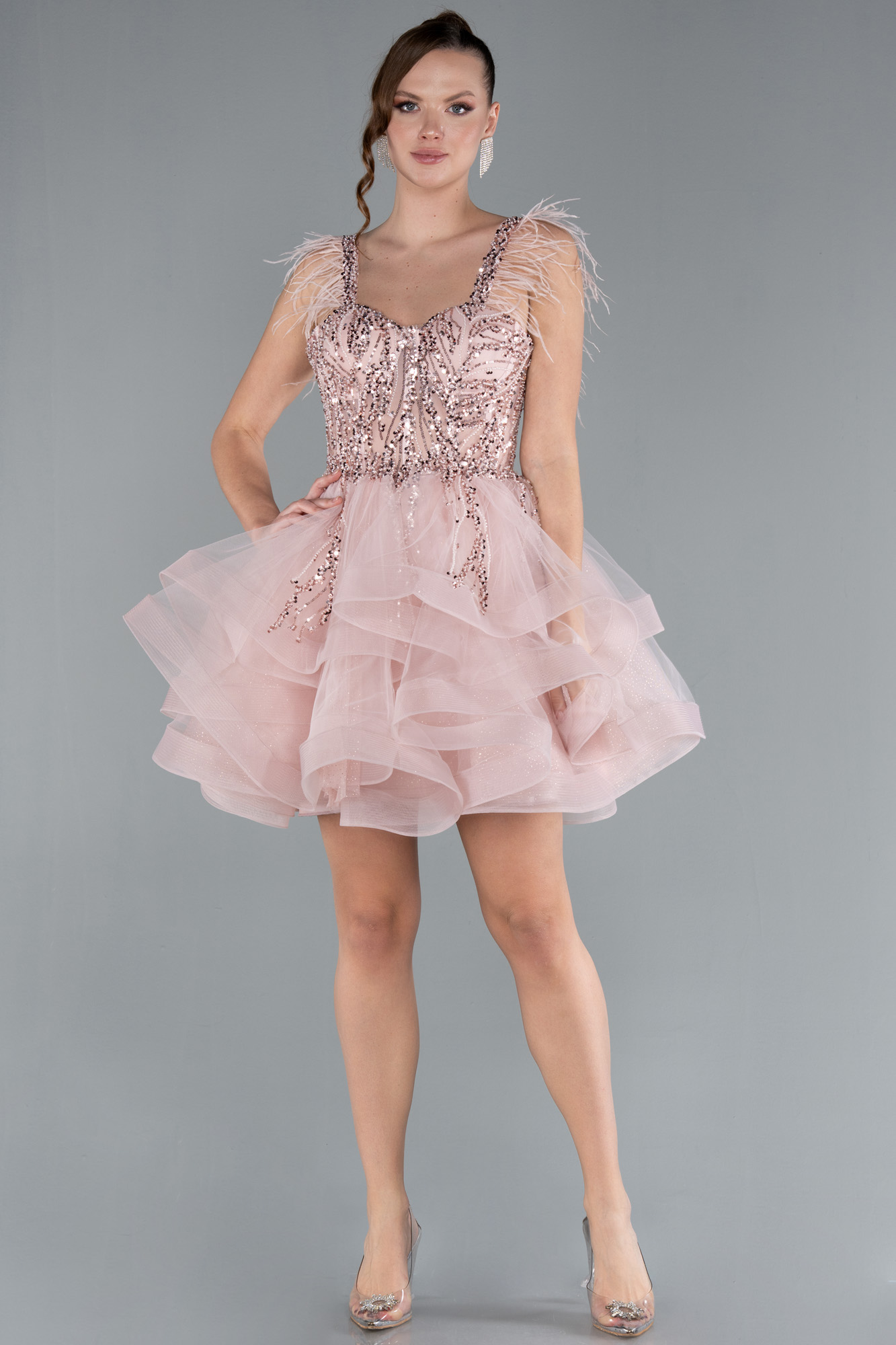 Pudra Üstü İşlemeli Balenli Kısa Nişan Elbisesi ABK2079 - Görsel 2