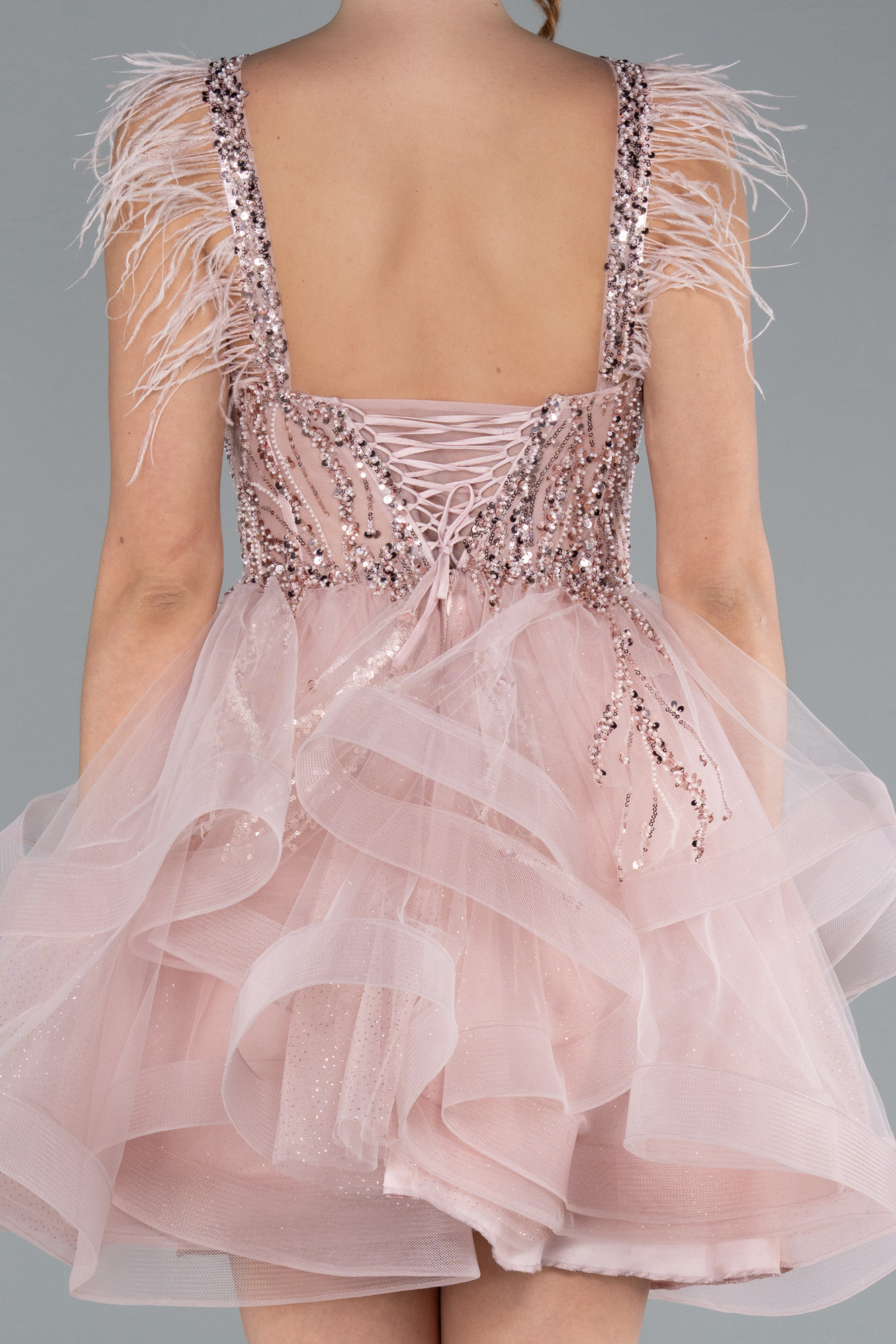 Pudra Üstü İşlemeli Balenli Kısa Nişan Elbisesi ABK2079 - Görsel 5