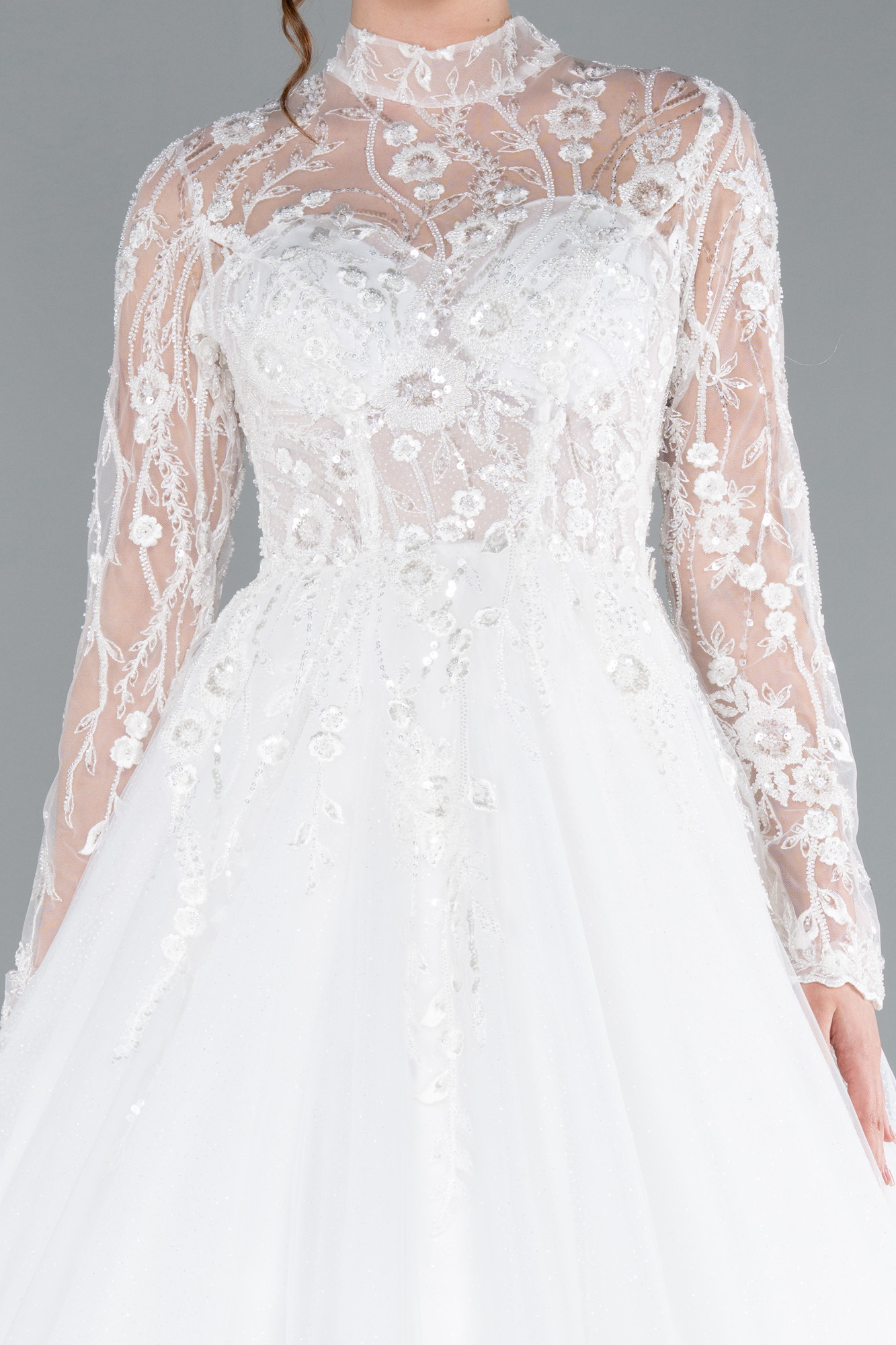 Ekru Güpürlü Uzun Kol Helen Gelinlik ABG119 - Görsel 3