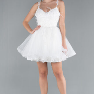 Ekru Askılı Üstü İşlemeli Mini Nikah Elbisesi ABK2214