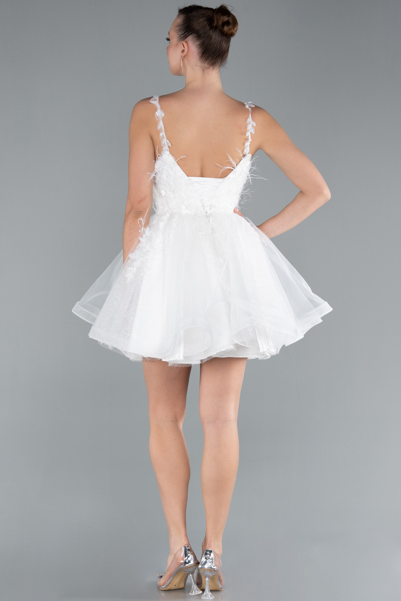 Ekru Askılı Üstü İşlemeli Mini Nikah Elbisesi ABK2214 - Görsel 2