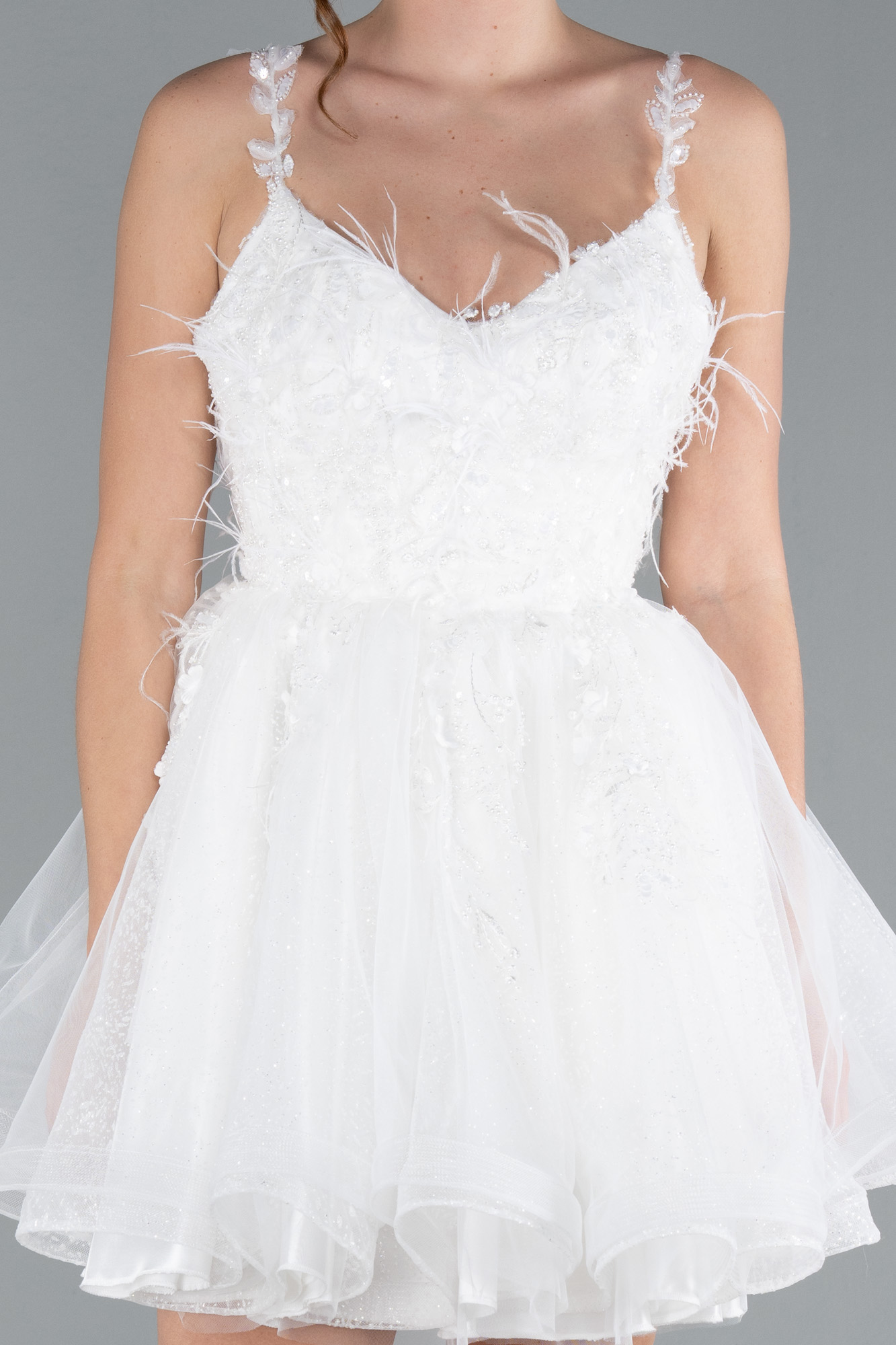 Ekru Askılı Üstü İşlemeli Mini Nikah Elbisesi ABK2214 - Görsel 3