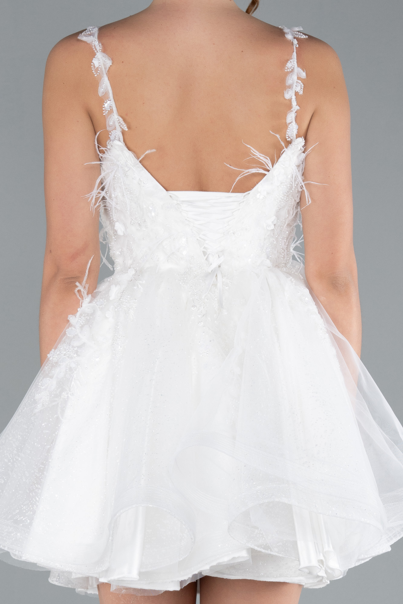 Ekru Askılı Üstü İşlemeli Mini Nikah Elbisesi ABK2214 - Görsel 4