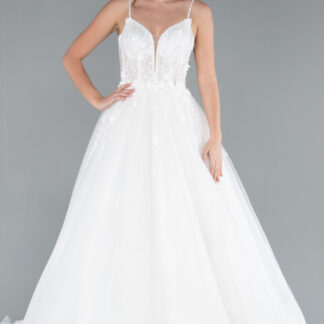 Ekru Askılı Çiçek İşlemeli Uzun Gelinlik ABG039