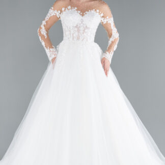 Ekru Uzun Kol Boncuklu Çiçek İşlemeli Uzun Gelinlik ABG036