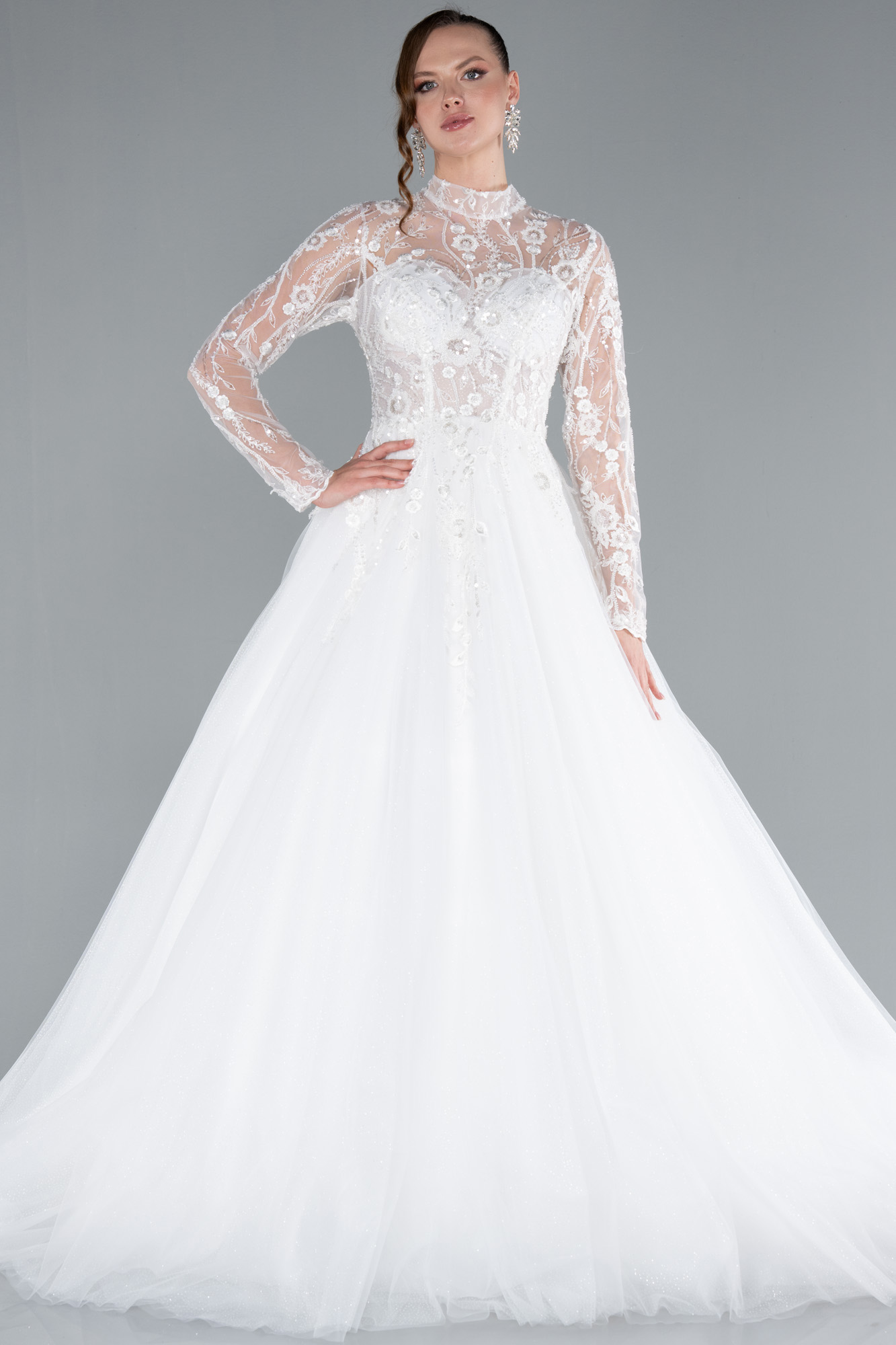 Ekru Güpürlü Uzun Kol Helen Gelinlik ABG119