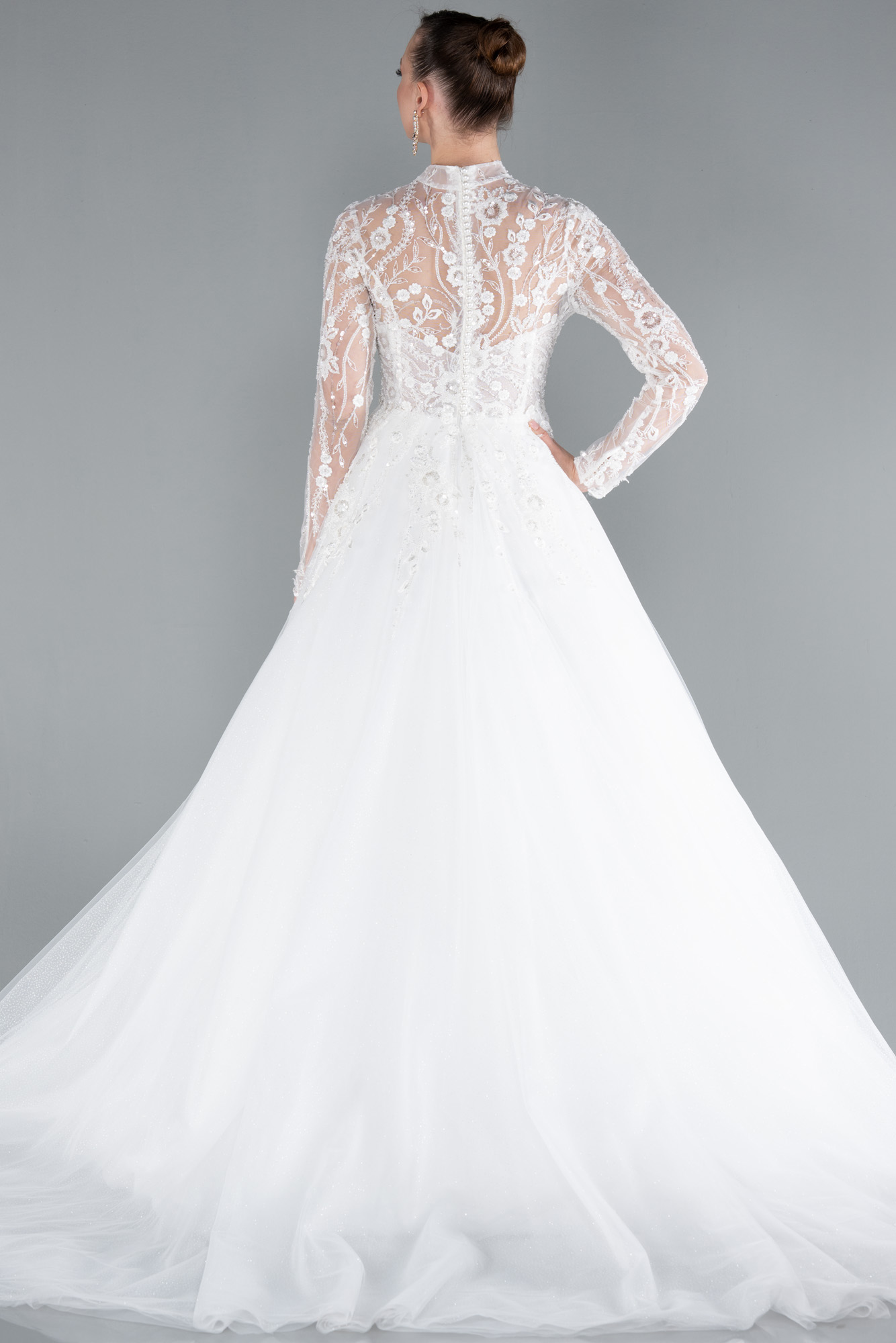 Ekru Güpürlü Uzun Kol Helen Gelinlik ABG119 - Görsel 2