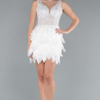 Ekru Taşlı İthal Tüylü Kısa Özel Tasarım Abiye ABK2139