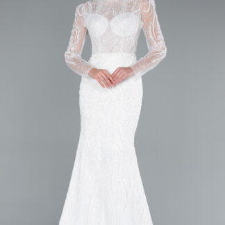 Ekru Uzun Kol Dik Yaka Taş İşlemeli Balık Gelinlik ABG105