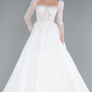 Ekru Boncuklu Uzun Kol Balen Korse Uzun Gelinlik ABG055