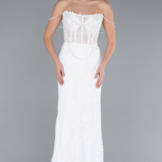 Ekru Straplez Boncuk İşlemeli Dantelli Uzun Balık Gelinlik ABG035