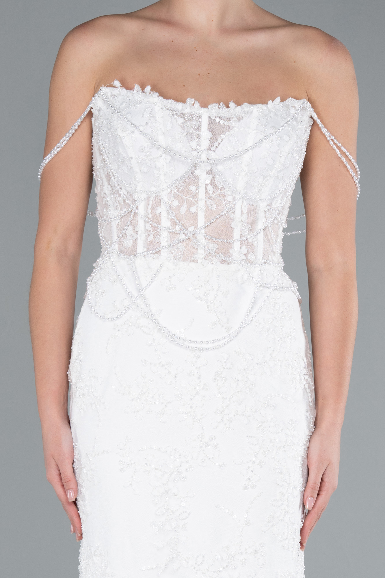 Ekru Straplez Boncuk İşlemeli Dantelli Uzun Balık Gelinlik ABG035 - Görsel 4