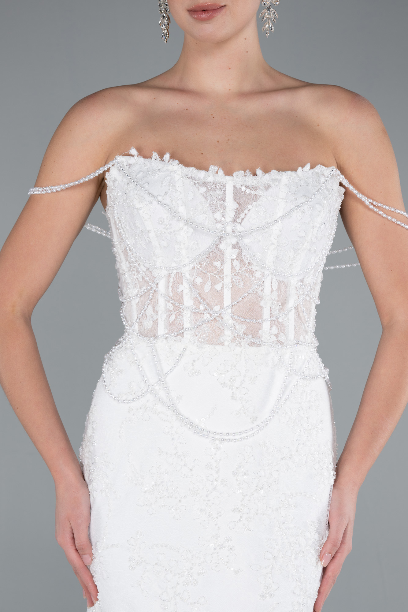 Ekru Straplez Boncuk İşlemeli Dantelli Uzun Balık Gelinlik ABG035 - Görsel 5