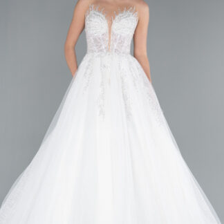 Ekru Kolsuz Taş İşlemeli Prenses Model Gelinlik ABG034