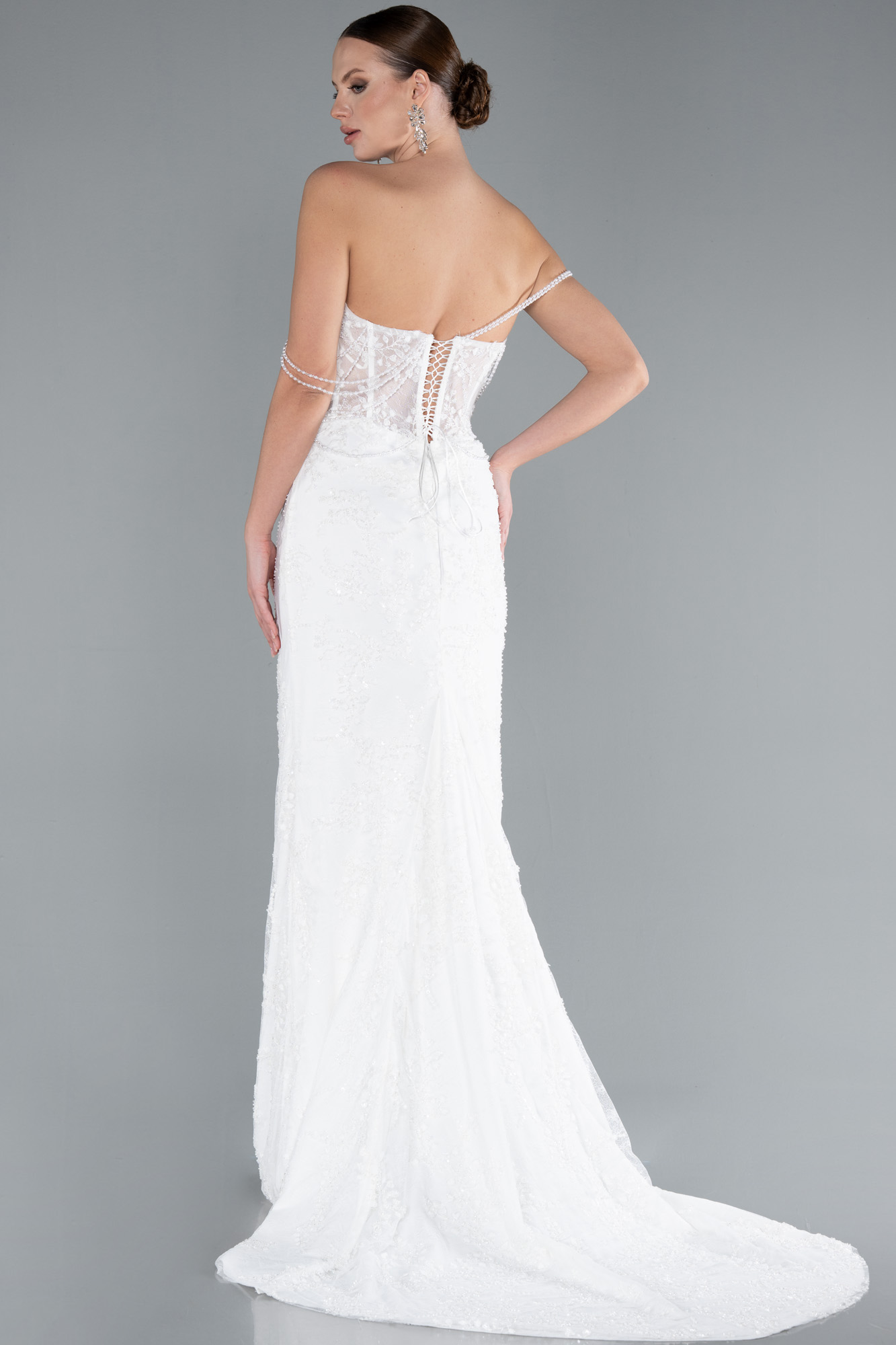 Ekru Straplez Boncuk İşlemeli Dantelli Uzun Balık Gelinlik ABG035 - Görsel 2