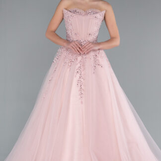 Pudra Straplez Güpürlü Uzun Özel Tasarım Nişan Elbisesi ABU4431