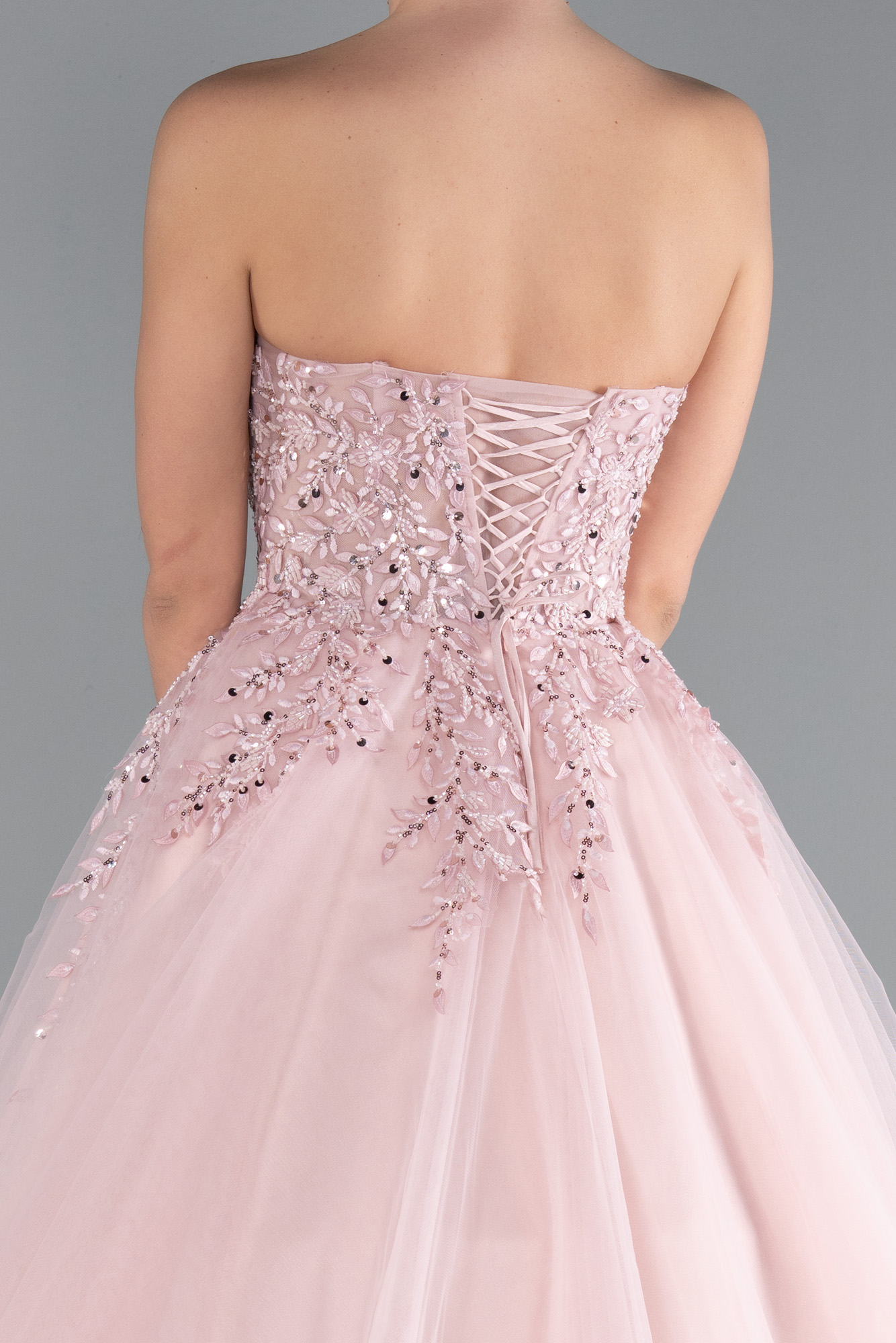 Pudra Straplez Güpürlü Uzun Özel Tasarım Nişan Elbisesi ABU4431 - Görsel 4