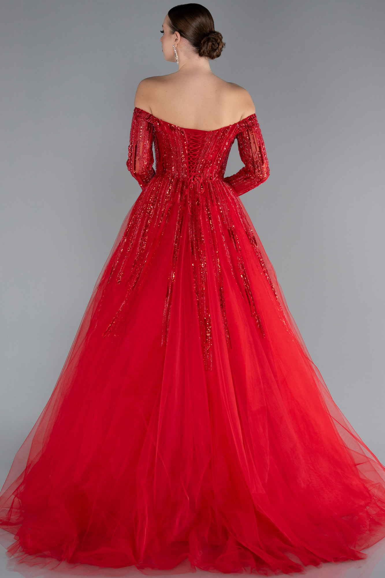 Kırmızı Kayık Yaka Pullu Uzun Kol Balenli Nişan Elbisesi ABU4719 - Görsel 2