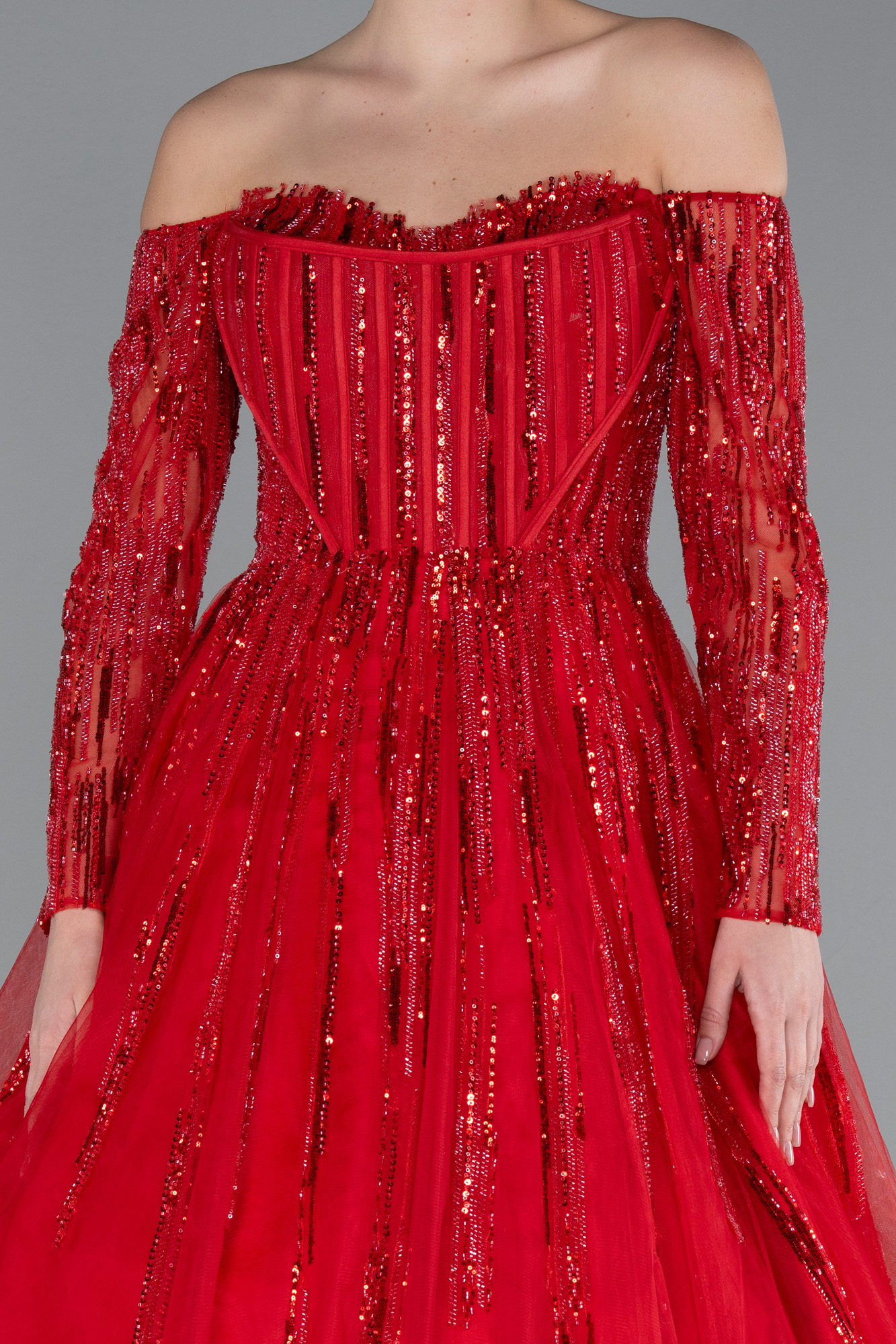 Kırmızı Kayık Yaka Pullu Uzun Kol Balenli Nişan Elbisesi ABU4719 - Görsel 3