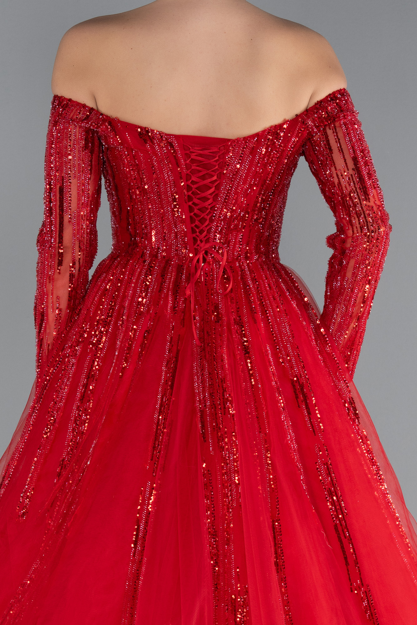 Kırmızı Kayık Yaka Pullu Uzun Kol Balenli Nişan Elbisesi ABU4719 - Görsel 4