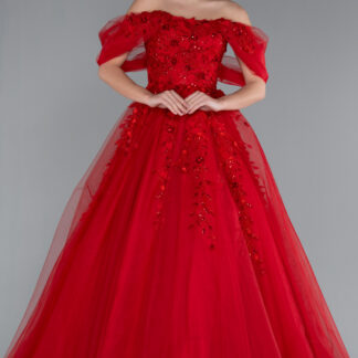 Kırmızı Kayık Yaka Çiçek İşlemeli Uzun Nişan Elbisesi ABU4720