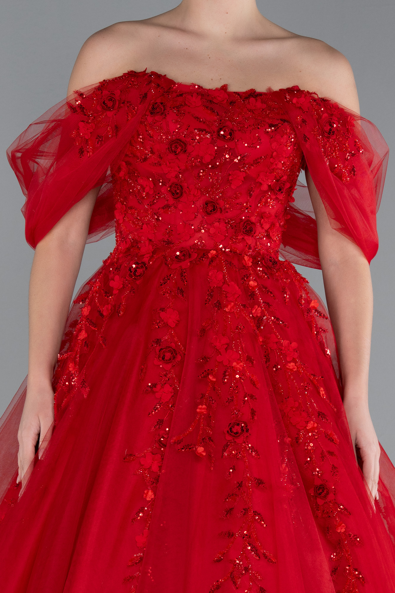 Kırmızı Kayık Yaka Çiçek İşlemeli Uzun Nişan Elbisesi ABU4720 - Görsel 3