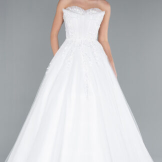 Ekru Straplez Güpür İşlemeli Uzun Prenses Model Gelinlik ABG121